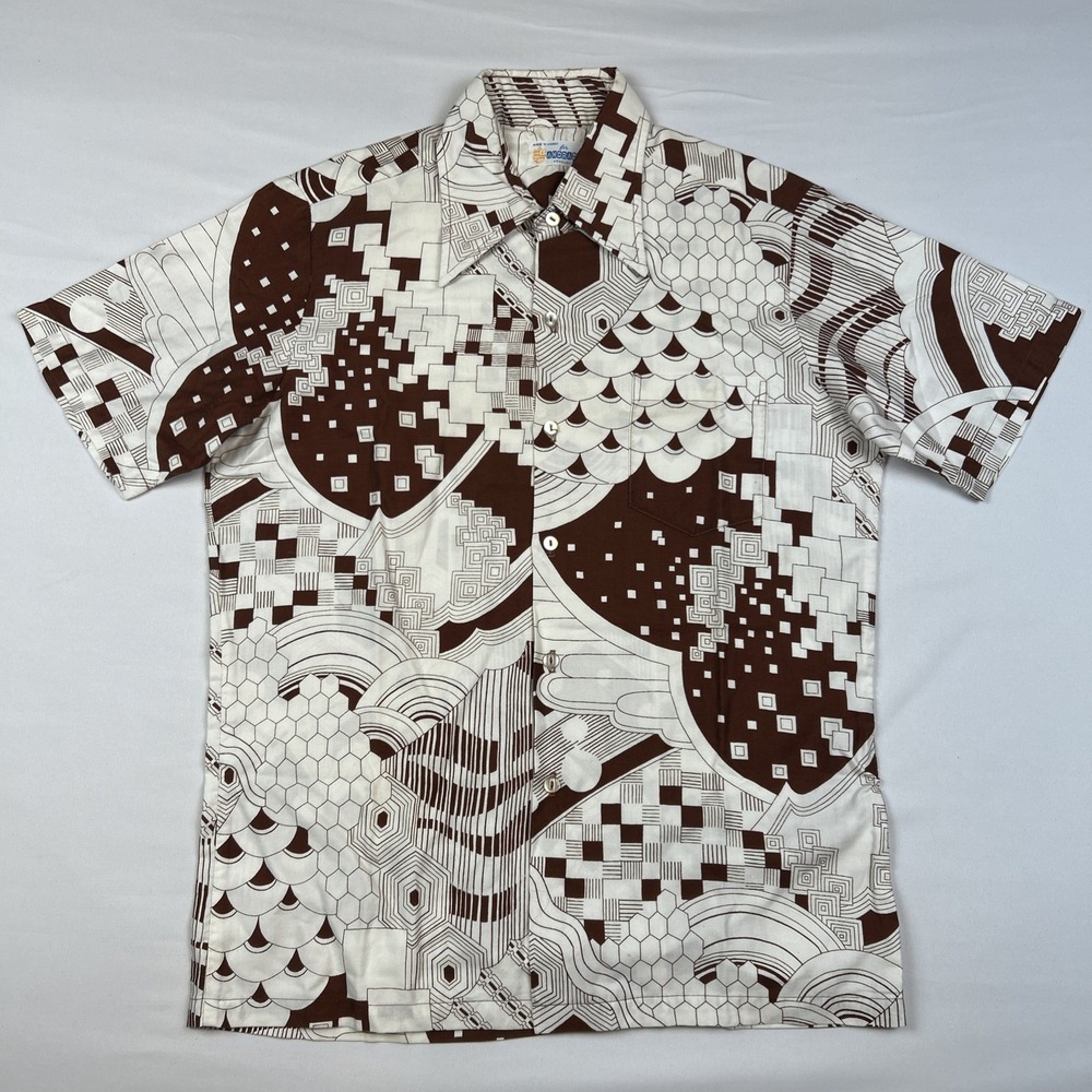 VTG 70's Andrade Hawaiian Made Shirt Brown Made Sz L Borderprint Aloha Geometric